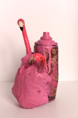 ''Pink Flamingos'' customised empty spray can by Nine Bob Ben (Bent As)